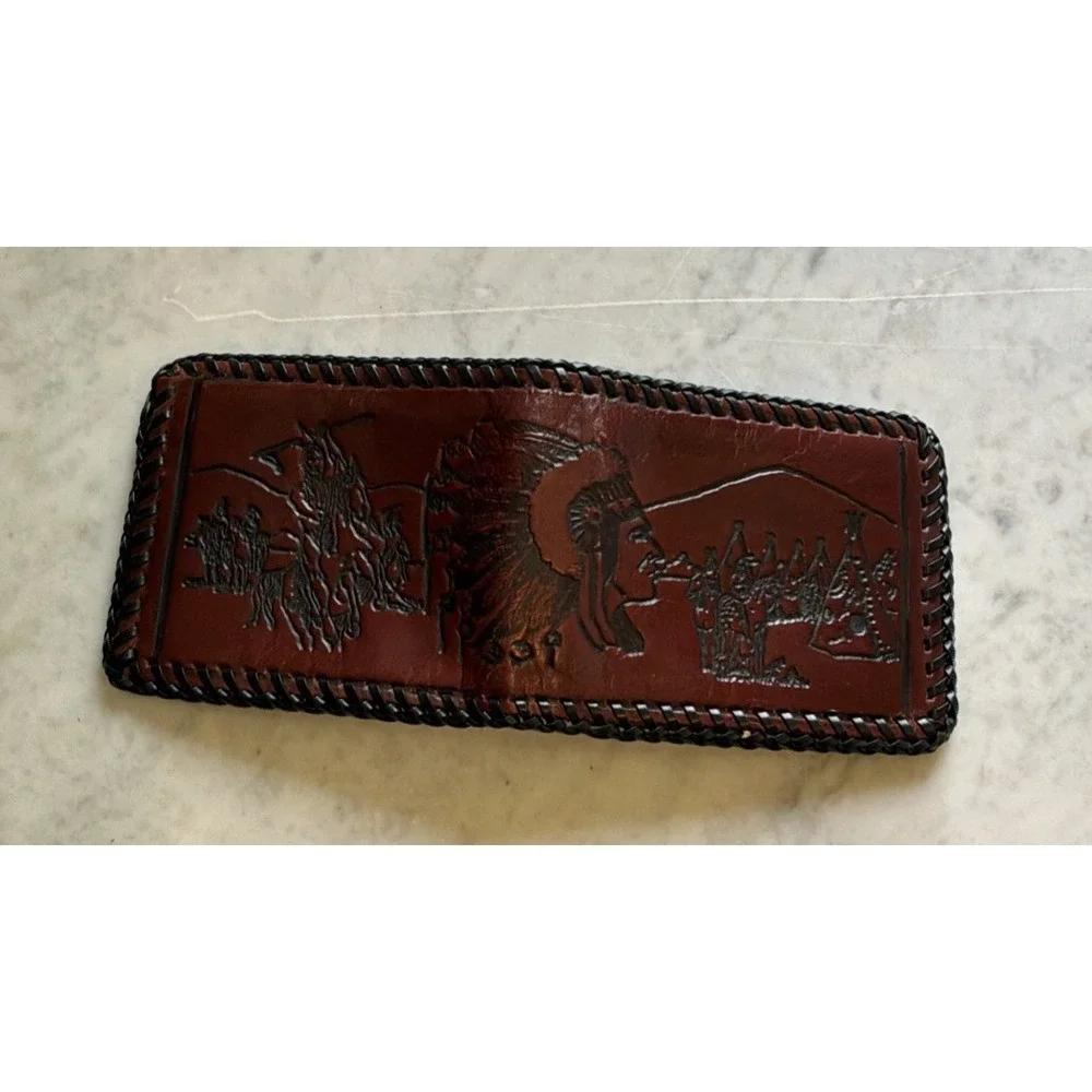 New VTG Mens Leather Bifold Laced Truckers Wallet Embossed Front Native American